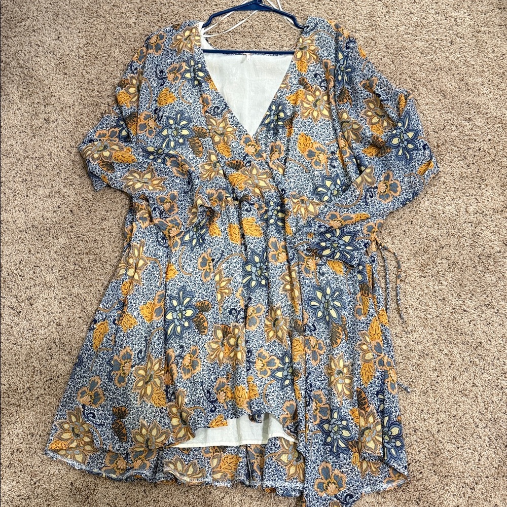 Free People Floral Midi Dress in Blue and Mustard